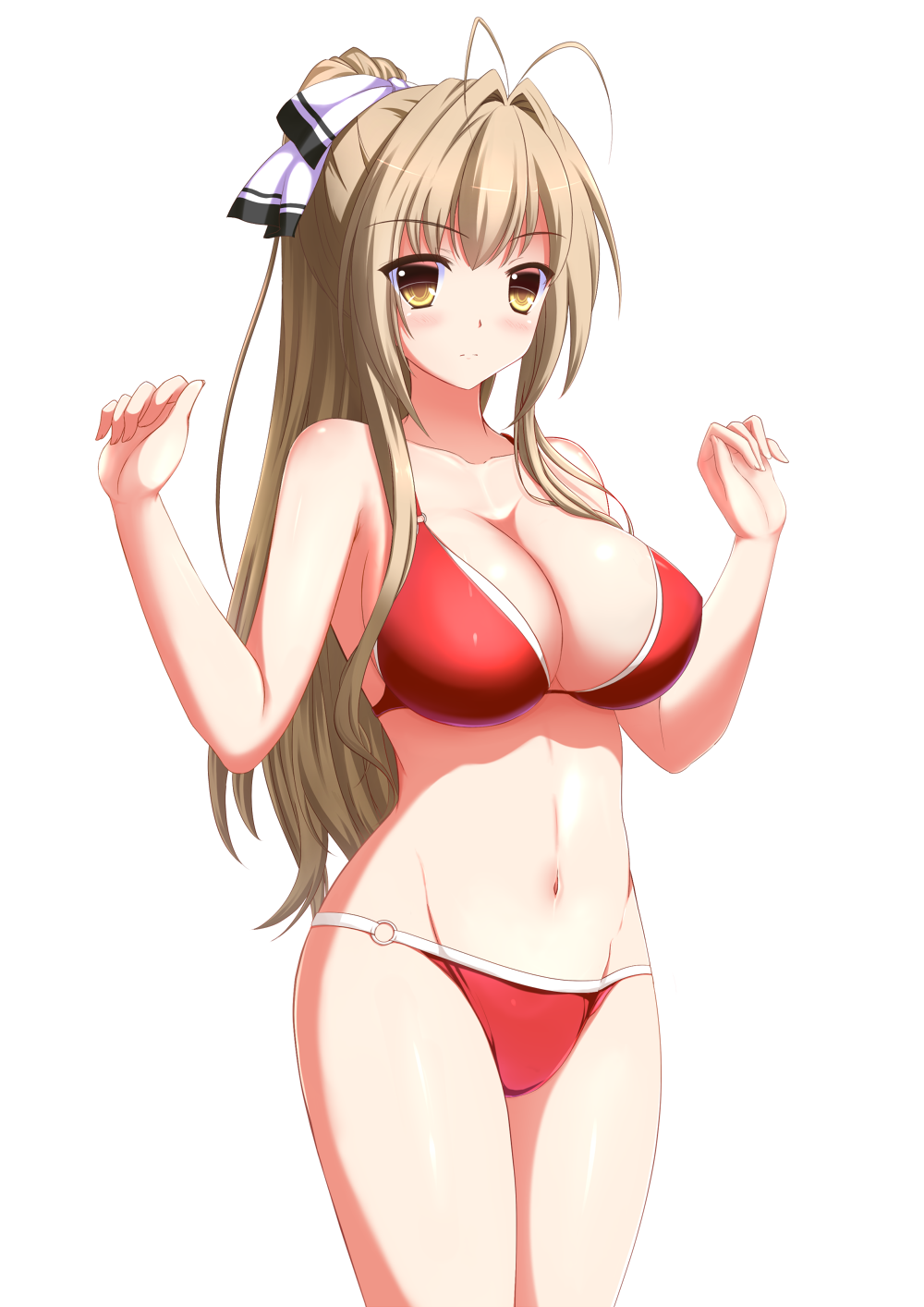1girl, amagi_brilliant_park, antenna_hair, arms_up, bikini, bow, breasts, brown_eyes, brown_hair, cleavage, cowboy_shot, hair_bow, highres, large_breasts, long_hair, looking_at_viewer, ponytail, sento_isuzu, solo, swimsuit, toid310, white_background