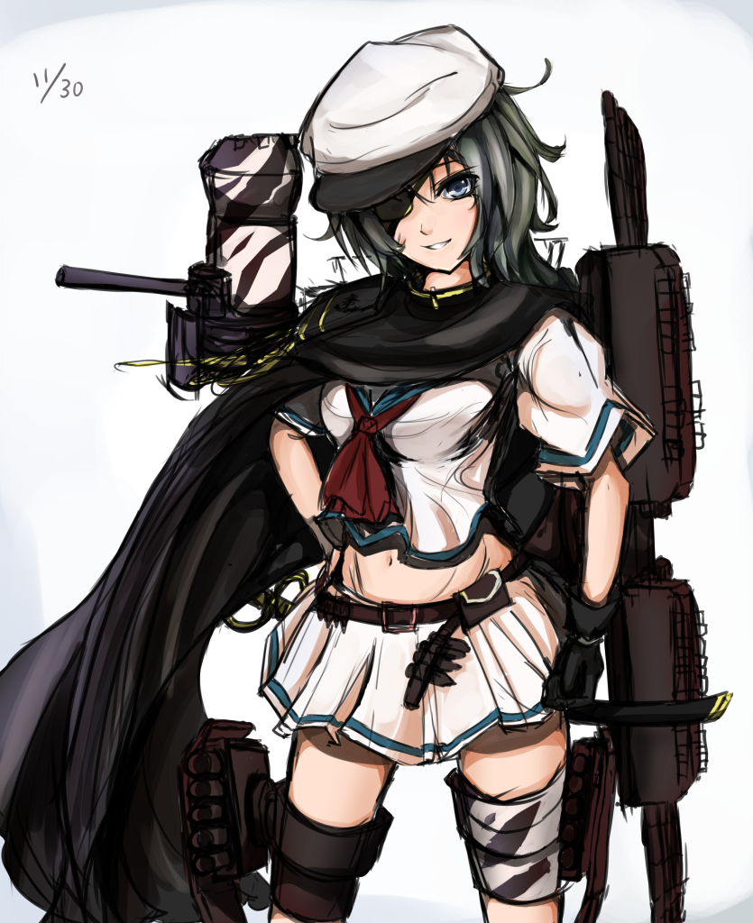 1girl, ammunition_belt, camouflage, cape, eyepatch, gloves, green_eyes, green_hair