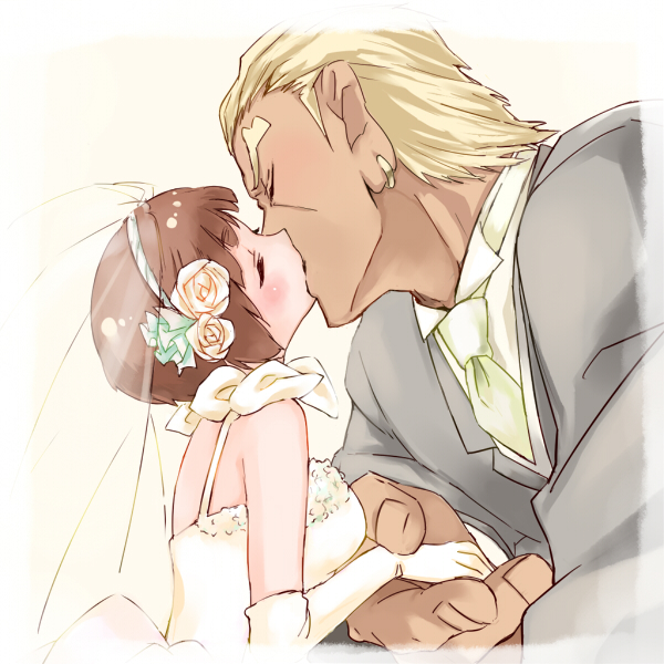 1boy, 1girl, blonde_hair, brown_hair, closed_eyes, comra, couple, elbow_gloves