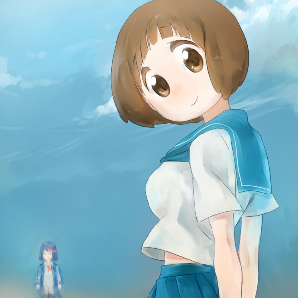2girls, blue_sky, bob_cut, brown_eyes, brown_hair, comra, kill_la_kill, looking_at_viewer