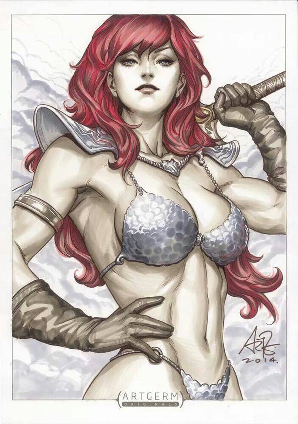 1girl, armor, bikini_armor, gloves, red_sonja, red_sonja_(comics), redhead, solo, stanley_lau, sword, traditional_media, weapon