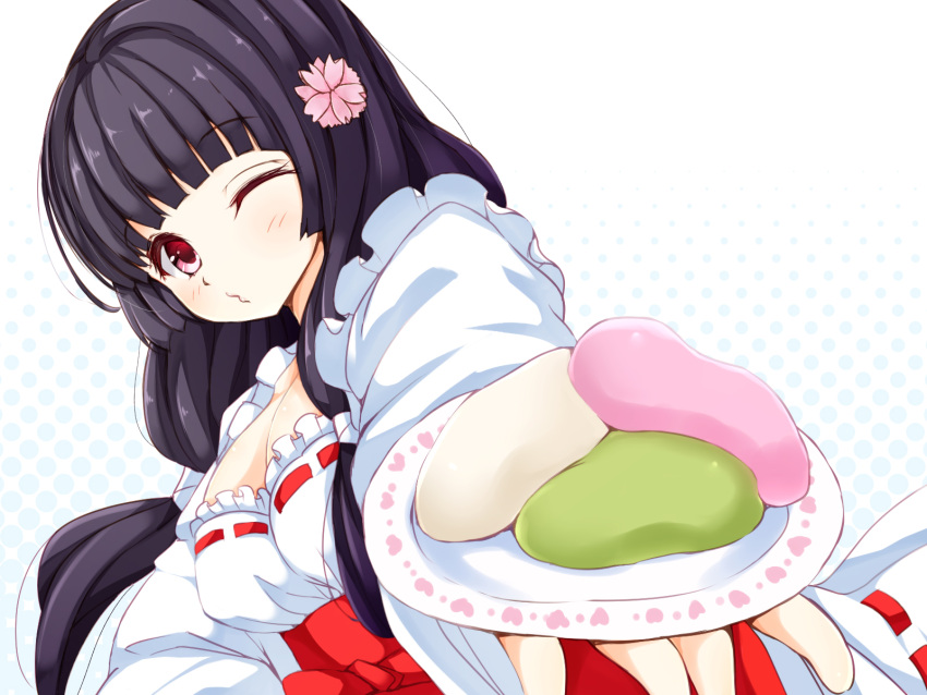 1girl, black_hair, blush, breasts, girlfriend_(kari), highres, japanese_clothes, looking_at_viewer