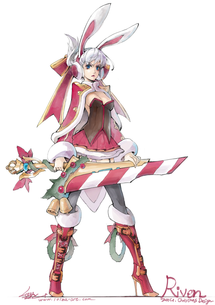 1girl, animal_ears, blue_eyes, boots, breasts, christmas, earmuffs, garland