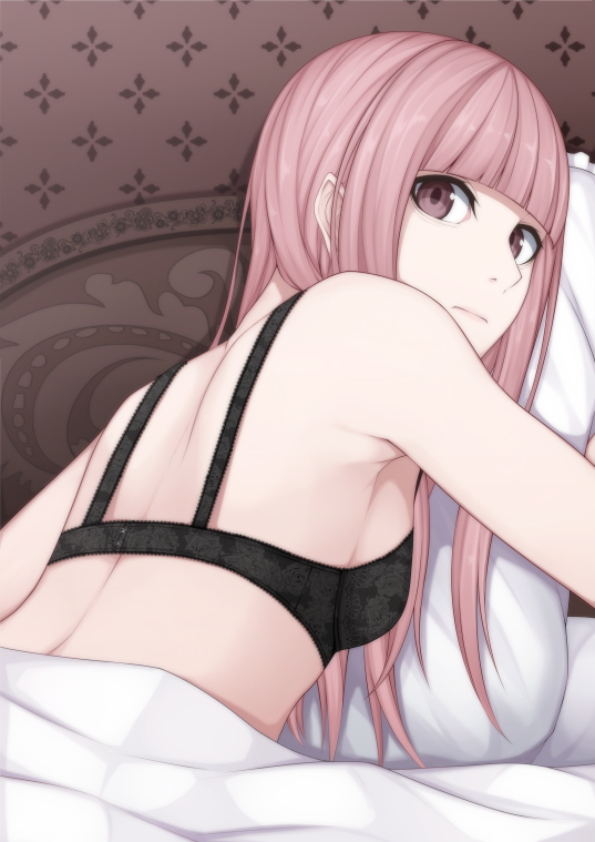 1girl, bangs, bare_shoulders, black_bra, blunt_bangs, bra, brown_eyes, bust