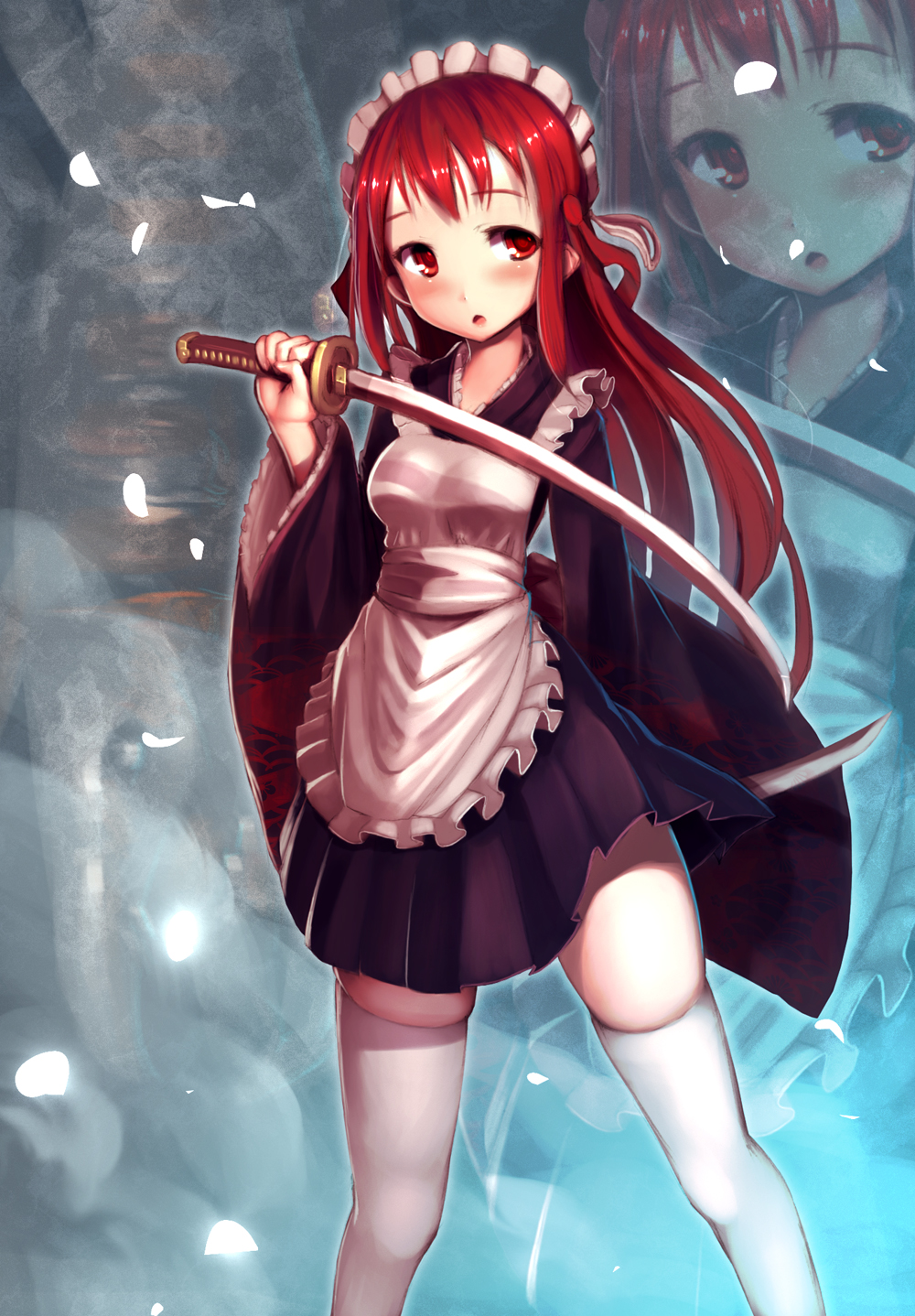 1girl, abyss05, apron, blush, frills, highres, katana, long_hair