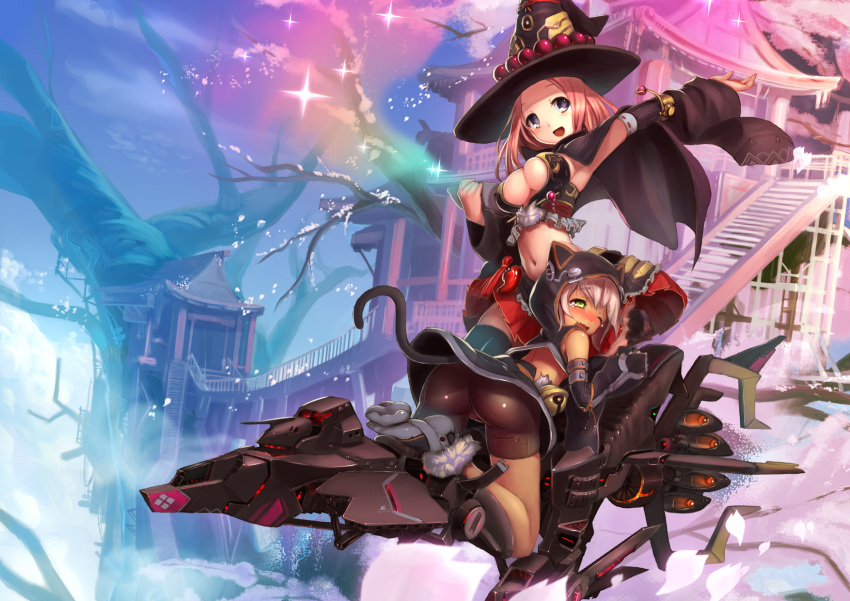 2girls, abyss05, ass, breasts, cat_tail, hat, highres, magical_girl