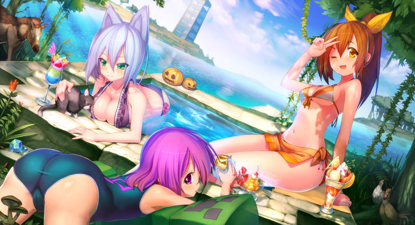 3girls, abyss05, animal_ears, ass, breasts, highres, multiple_girls, pool