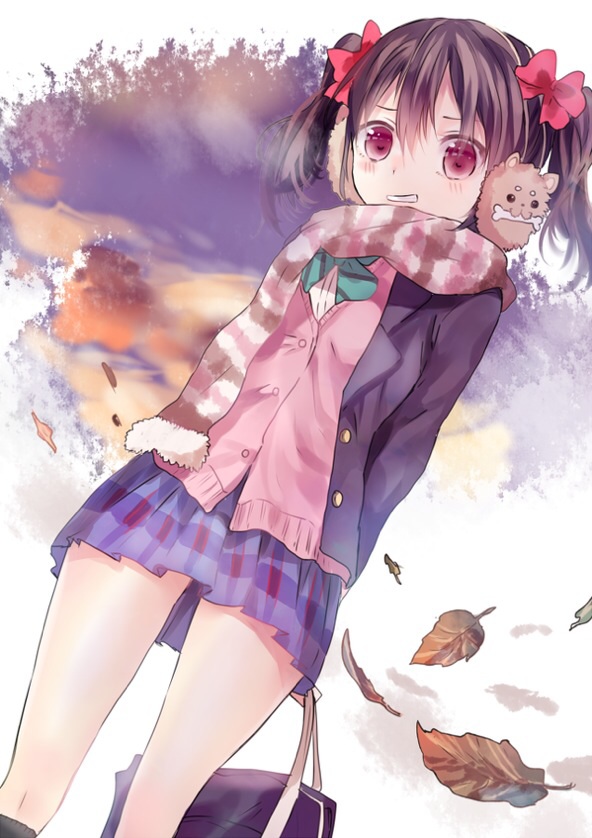 1girl, animal_earmuffs, bag, black_hair, dutch_angle, earmuffs, from_below, grin