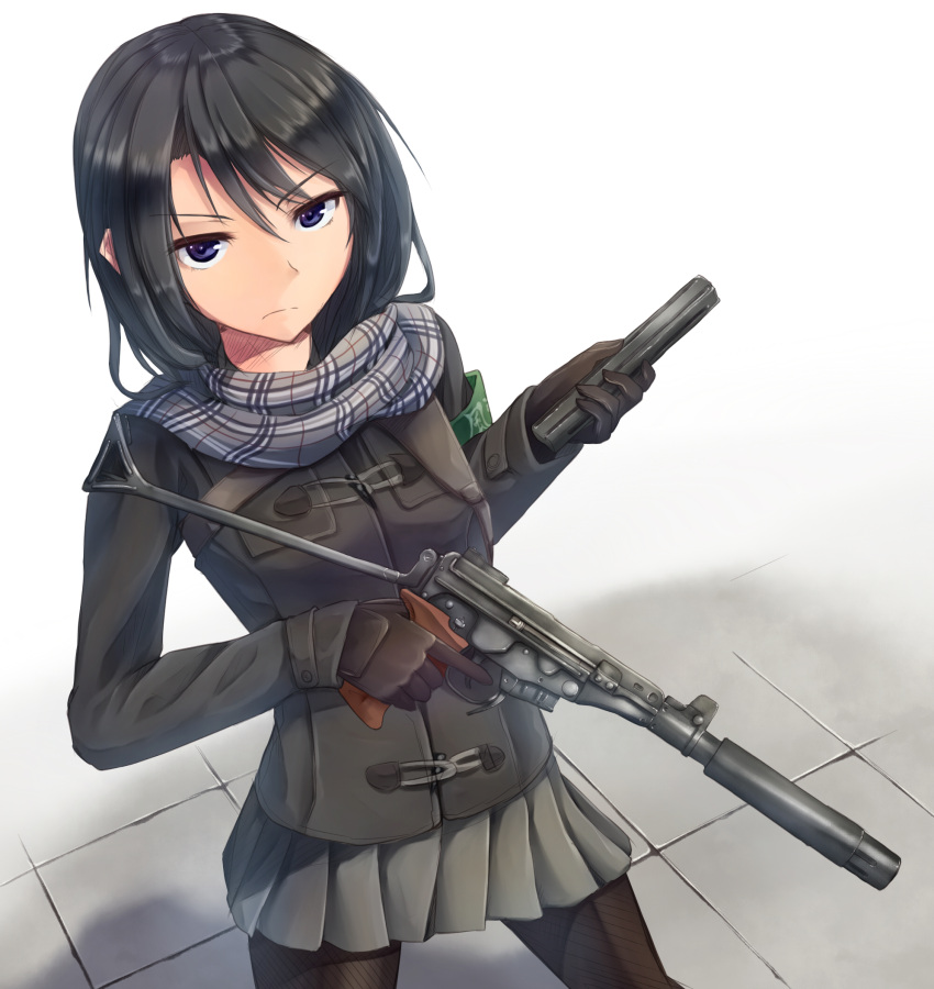 1girl, armband, black_hair, coat, dreadtie, gun, highres, original, ots-02_kiparis, pantyhose, scarf, school_uniform, skirt, solo, standing, submachine_gun, violet_eyes, weapon, winter_clothes