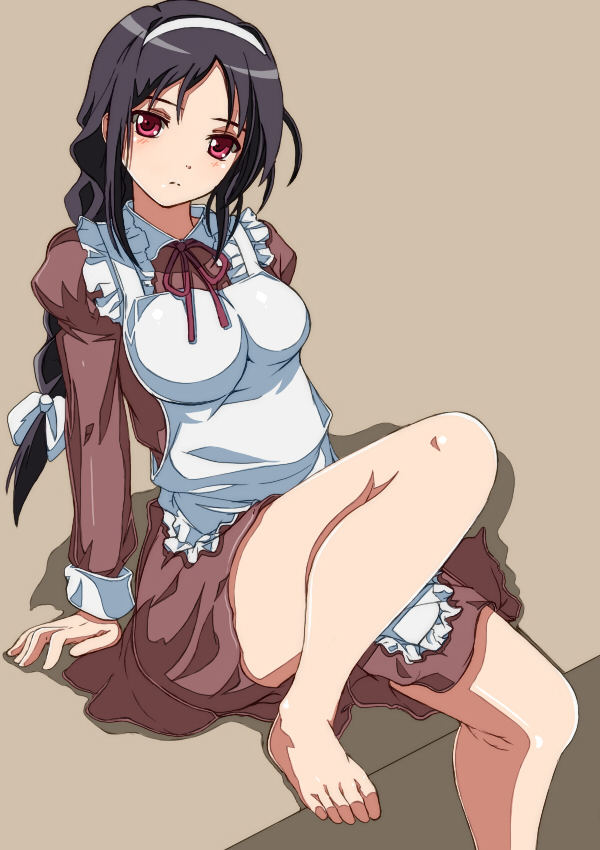 1girl, accel_world, apron, arm_support, bare_legs, barefoot, black_hair, braid, breasts, hairband, kakei_mihaya, long_hair, looking_at_viewer, maid, red_eyes, rikku04, single_braid, solo