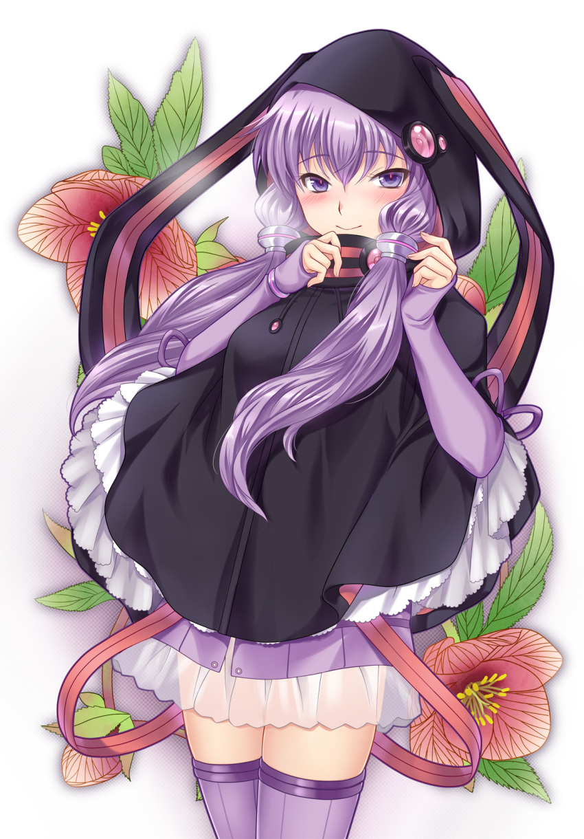 1girl, animal_hood, blush, bunny_hood, capelet, cowboy_shot, highres, hood