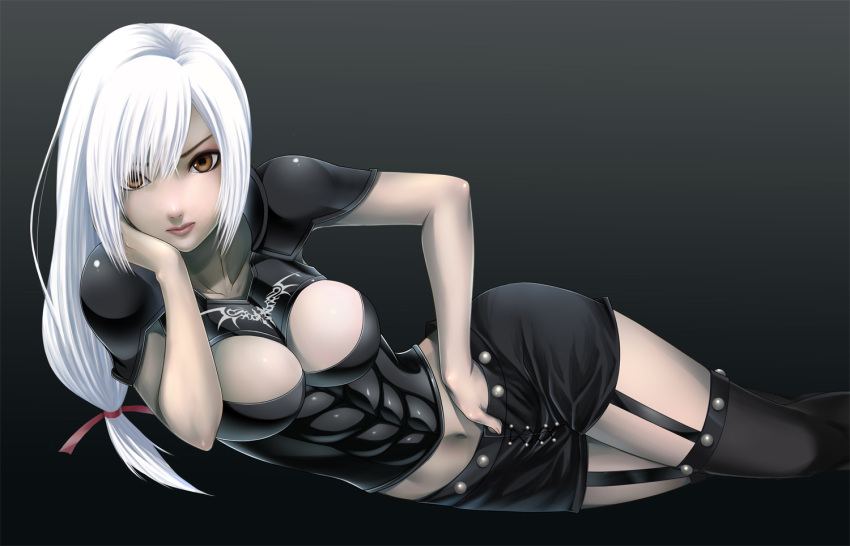 1girl, black_background, black_legwear, breasts, brown_eyes, chin_rest, collarbone, garter_straps