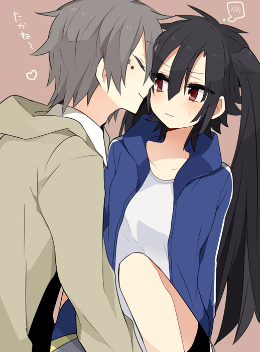 1boy, 1girl, black_hair, blush, couple, enomoto_takane, grey_hair, hetero