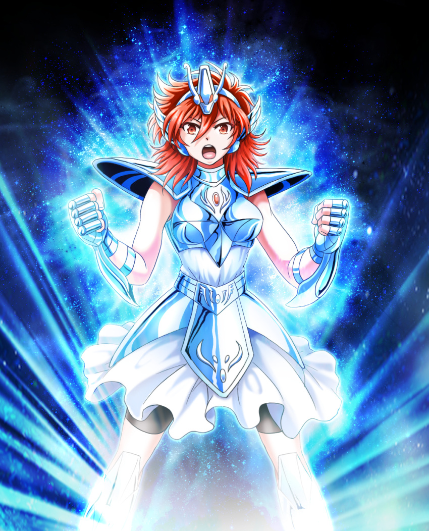 1girl, armor, bike_shorts, brown_eyes, brown_hair, character_request, clenched_hands, gauntlets