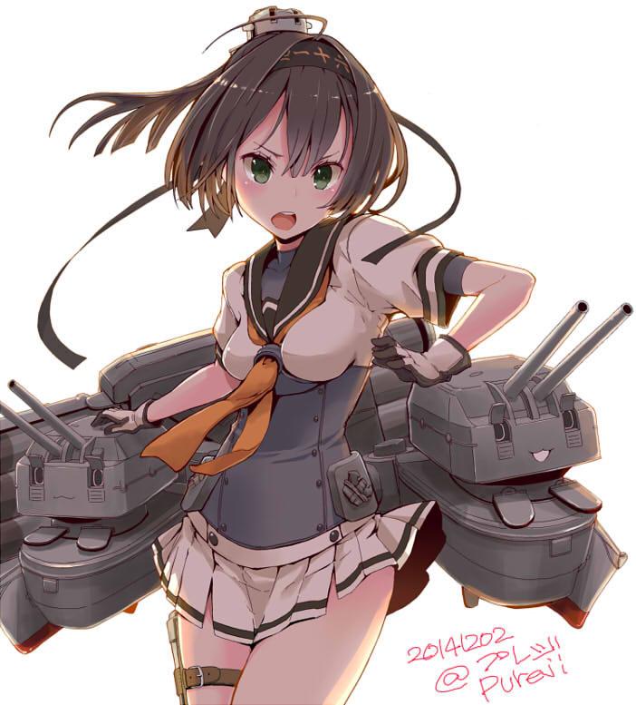 1girl, akizuki_(kantai_collection), black_hair, breasts, chou-10cm-hou-chan, gloves, green_eyes, hairband