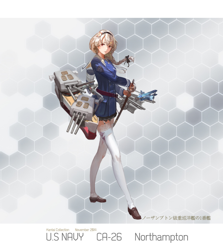 1girl, airplane, braid, garter_straps, hairband, highres, holding, jeanex, kantai_collection, long_hair, looking_at_viewer, machinery, military, military_uniform, original, shoes, silver_hair, single_braid, solo, sword, translation_request, turret, uniform, uss_northhampton_(ca-26), weapon, white_legwear