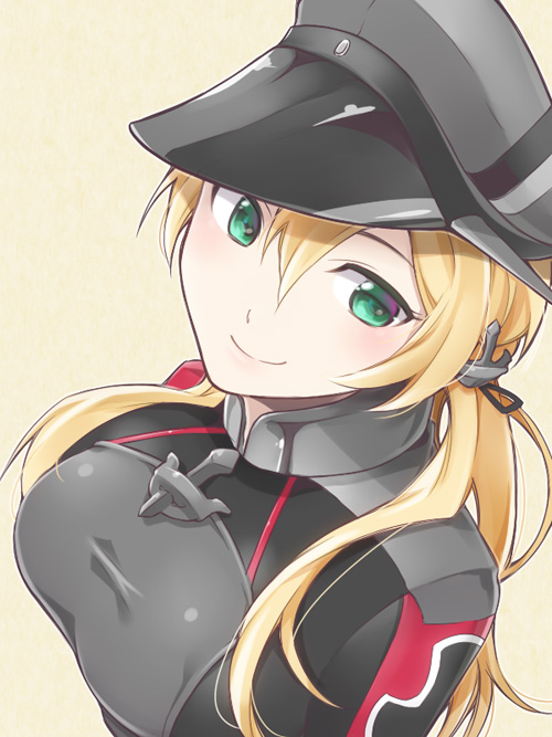 1girl, anchor_hair_ornament, blonde_hair, hat, iron_cross, kantai_collection, long_hair, long_sleeves