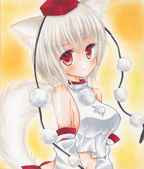1girl, animal_ears, asa1014, bare_shoulders, blush, breasts, detached_sleeves, hat