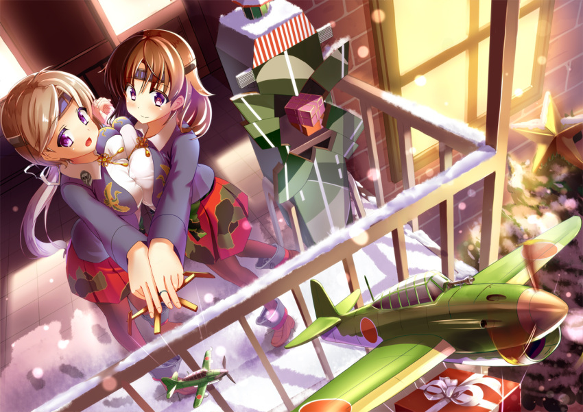 airplane, black_legwear, blouse, box, breasts, brown_eyes, brown_hair, chitose_(kantai_collection)