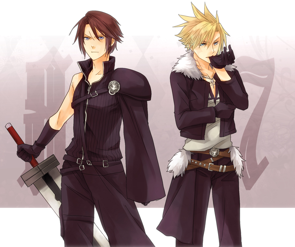 alternate_costume, alternate_hairstyle, belt, blonde_hair, blue_eyes, brown_hair, cloud_strife, cosplay