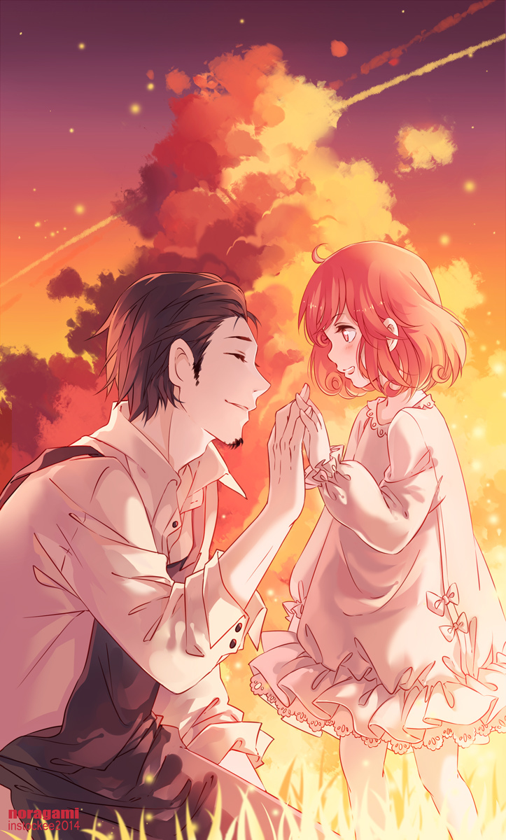 1boy, 1girl, black_hair, child, daikoku_(noragami), facial_hair, highres, instockeee