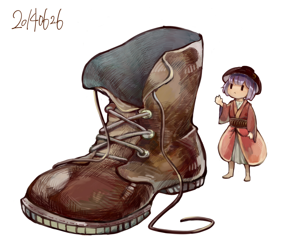 1girl, barefoot, bird, boots, bowl, brown_boots, cross-laced_footwear, dated