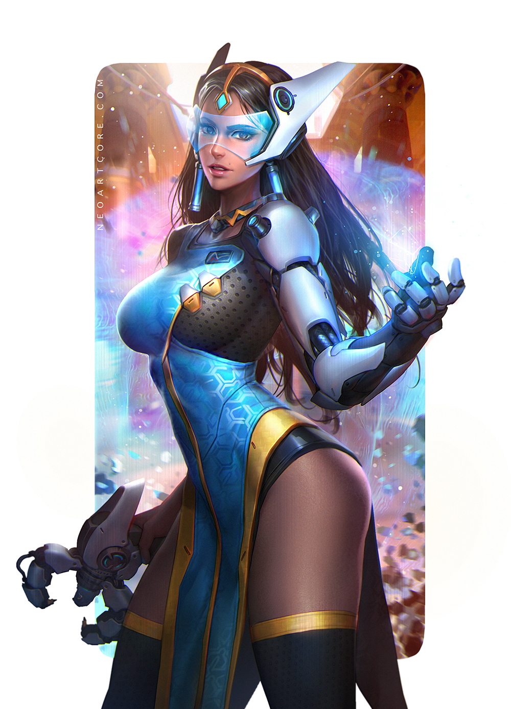 black_hair, black_legwear, blue_dress, blue_eyes, breasts, cyborg, dark_skin, dress, forehead_jewel, headgear, highres, long_hair, nudtawut_thongmai, overwatch, satya_vaswani, side_slit, solo, symmetra_(overwatch), thigh-highs, visor, weapon