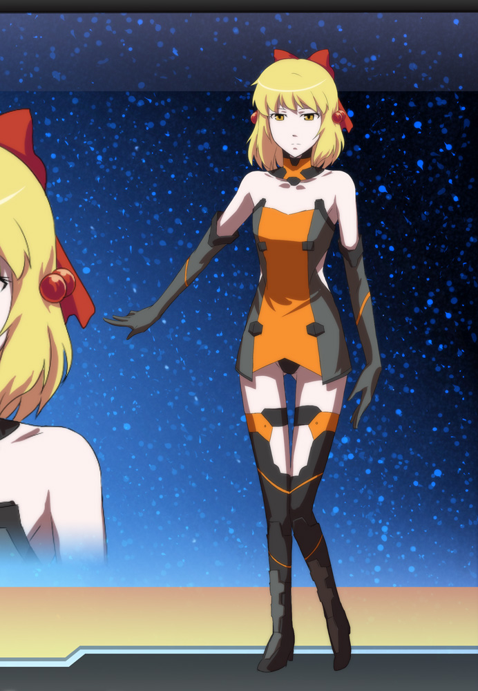 1girl, alternate_costume, blonde_hair, bow, dress, elbow_gloves, gloves, hair_bobbles