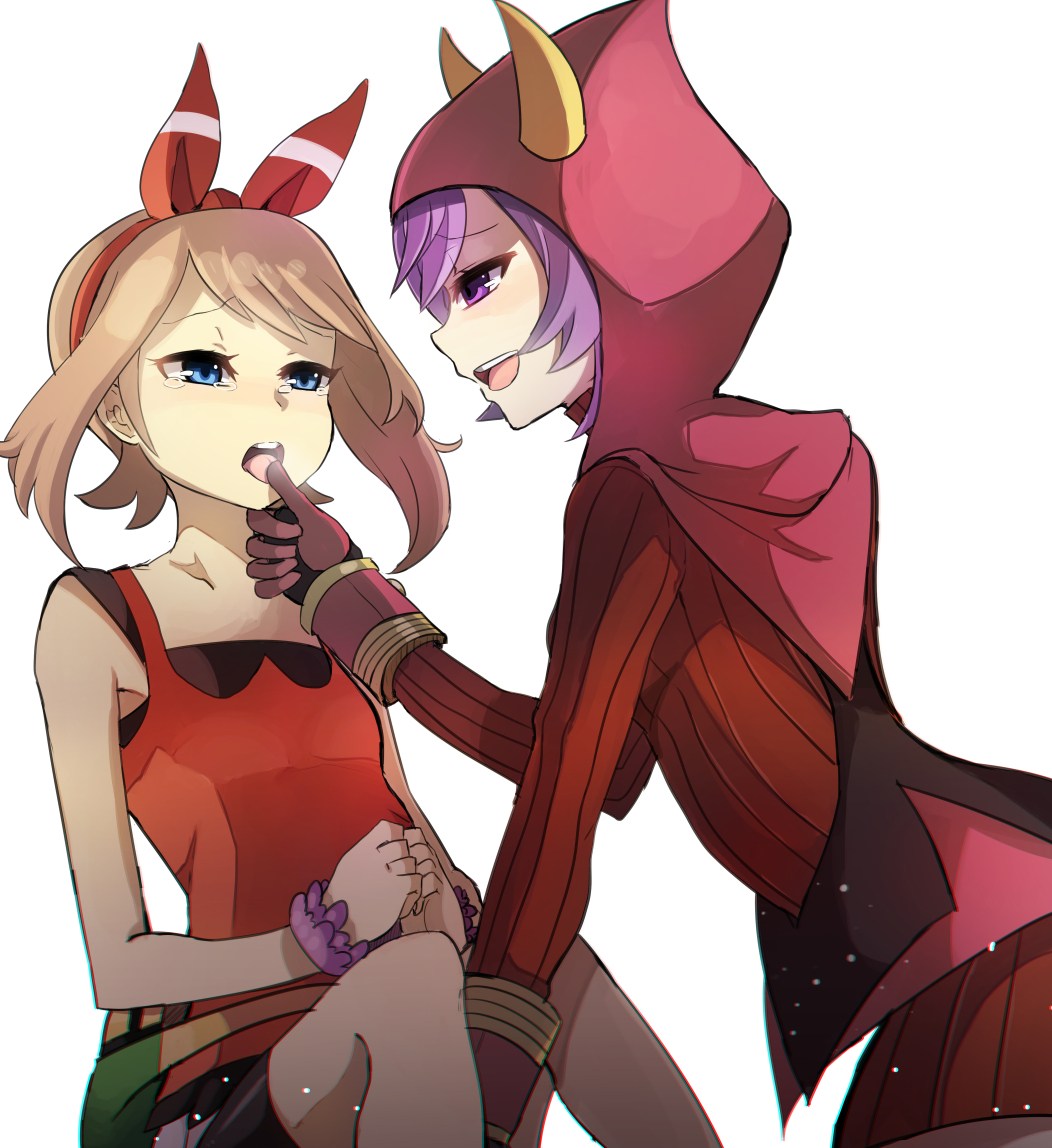 2girls, between_legs, bike_shorts, blue_eyes, blush, brown_hair, fake_horns, fanny_pack