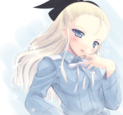 1girl, black_bow, blonde_hair, blue_eyes, blush, bow, finger_to_mouth, hair_bow