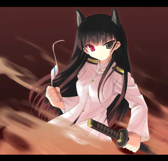 1girl, alternate_hairstyle, animal_ears, black_eyes, black_hair, dog_ears, eyepatch, eyepatch_removed, hair_down, heterochromia, holding, holding_sword, holding_weapon, iwa_(alpaca_oukoku), jacket, katana, letterboxed, long_hair, long_sleeves, military, military_uniform, red_eyes, sakamoto_mio, solo, strike_witches, swimsuit, swimsuit_under_clothes, sword, uniform, weapon