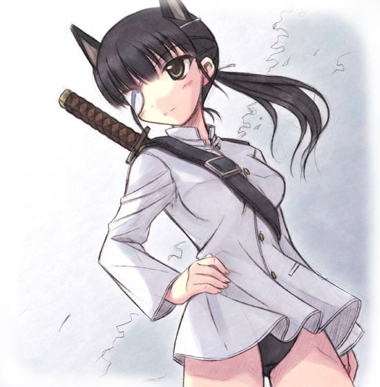 1girl, animal_ears, black_hair, blush, cowboy_shot, dog_ears, eyepatch, hand_on_hip, iwa_(alpaca_oukoku), jacket, katana, long_hair, long_sleeves, military, military_uniform, one-piece_swimsuit, ponytail, sakamoto_mio, solo, strap, strike_witches, swimsuit, swimsuit_under_clothes, sword, uniform, weapon, yellow_eyes