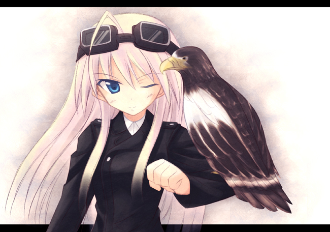 1girl, ;), ahoge, bird, bird_on_arm, blonde_hair, blue_eyes, blush, eagle, goggles, goggles_on_head, hanna-justina_marseille, head_wings, iwa_(alpaca_oukoku), jacket, long_hair, military, military_uniform, one_eye_closed, smile, solo, strike_witches, uniform