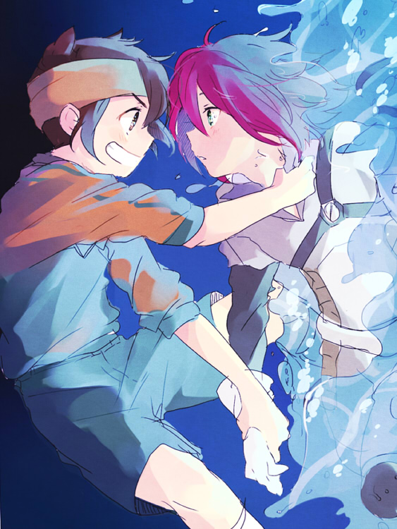 2boys, brown_hair, endou_mamoru, eye_contact, gloves, goalkeeper, green_eyes, grin, headband, inazuma_eleven, inazuma_eleven_(series), kiyama_hiroto, looking_at_another, male, multiple_boys, no_gloves, raimon, raimon_soccer_uniform, redhead, short_hair, smile, soccer_uniform, sportswear, the_genesis, tomo_(sjim)