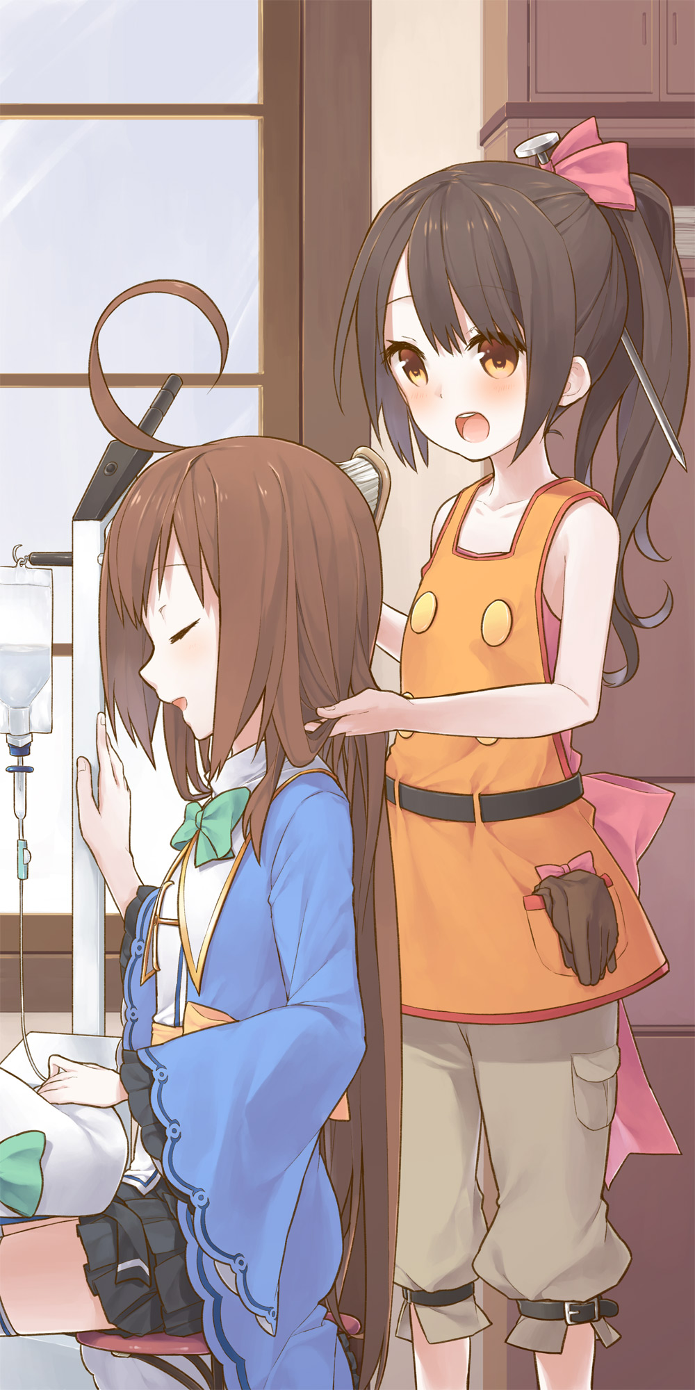 2girls, ahoge, artist_request, bare_shoulders, brown_hair, hair_brush, hammer, hammer_(ole_tower)
