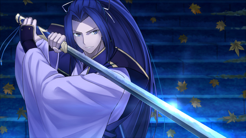 1boy, assassin_(fate/stay_night), blue_eyes, blue_hair, fate/stay_night, fate_(series), japanese_clothes, kotera_ryou