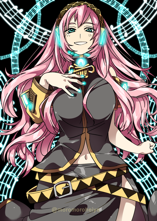 1girl, blue_eyes, headphones, long_hair, megurine_luka, monoheiya, pink_hair, solo