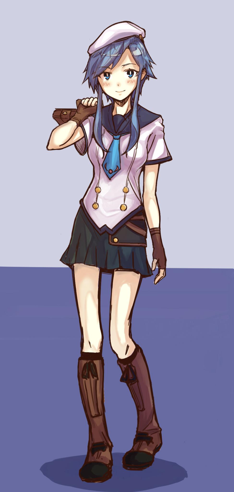 1girl, beret, blue_eyes, blue_hair, boots, fingerless_gloves, gloves, hat