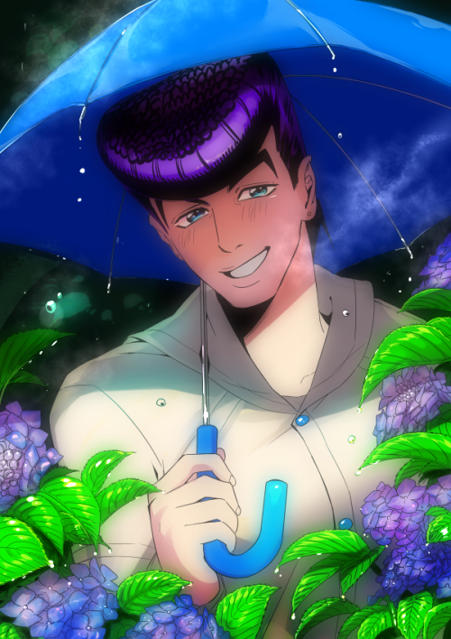 1boy, black_hair, blush, flower, higashikata_jousuke, hydrangea, jojo_no_kimyou_na_bouken, monoheiya, pompadour, purple_hair, rain, solo, umbrella