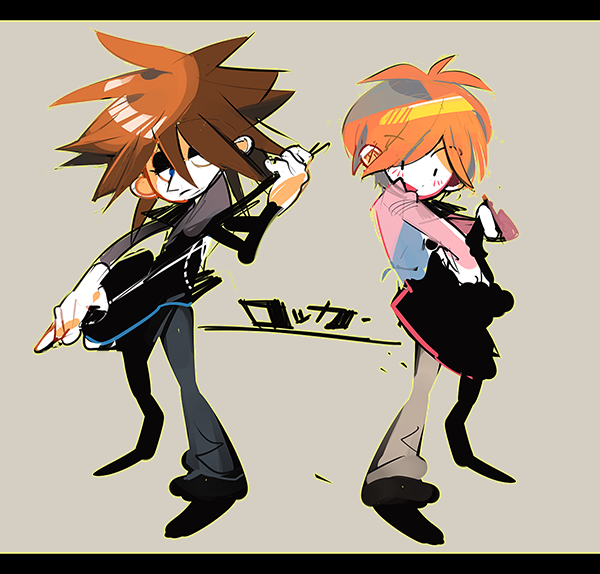 blue_eyes, blush, brown_hair, guitar, instrument, letterboxed, monoka, orange_hair
