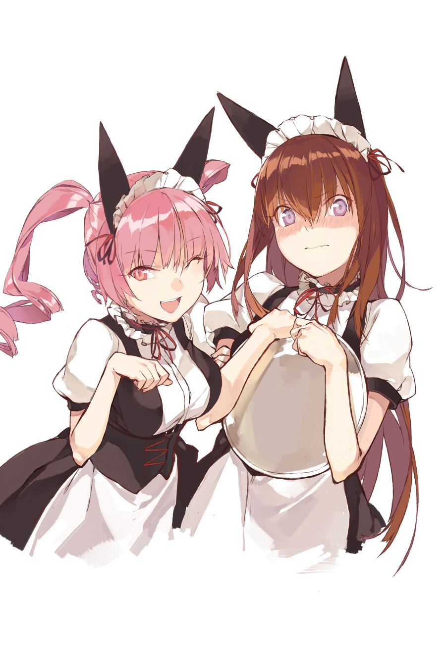 2girls, animal_ears, apron, blush, breasts, brown_hair, bust, corset