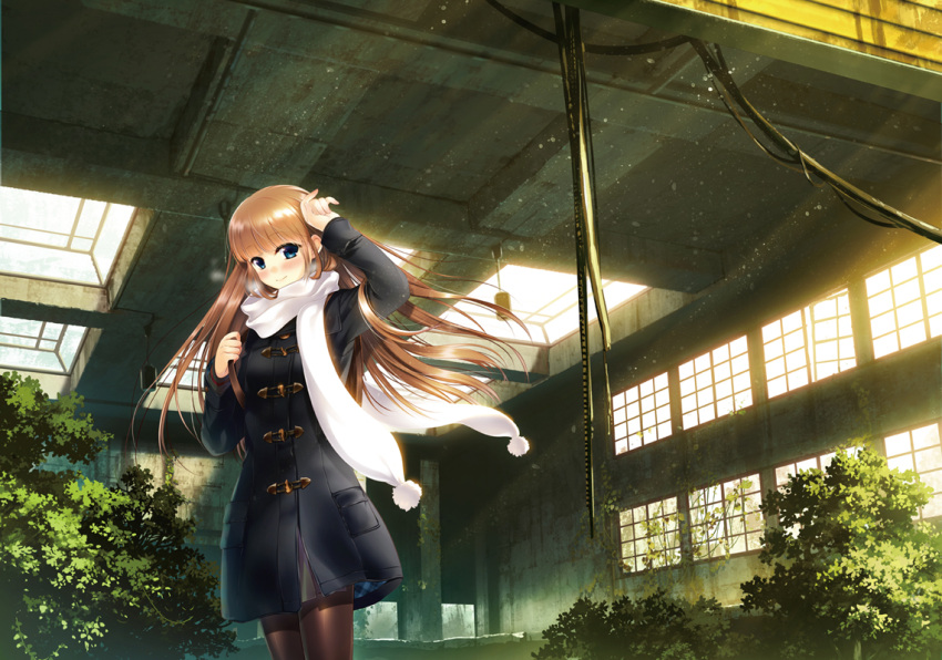 1girl, ainili, arm_up, background, backpack, bag, black_legwear, blonde_hair, blue_eyes, blush, breath, building, checkered, checkered_skirt, coat, hand_on_head, long_hair, original, pantyhose, peacoat, scarf, skirt, smile, solo, sunlight, technoheart, warehouse, wind, window