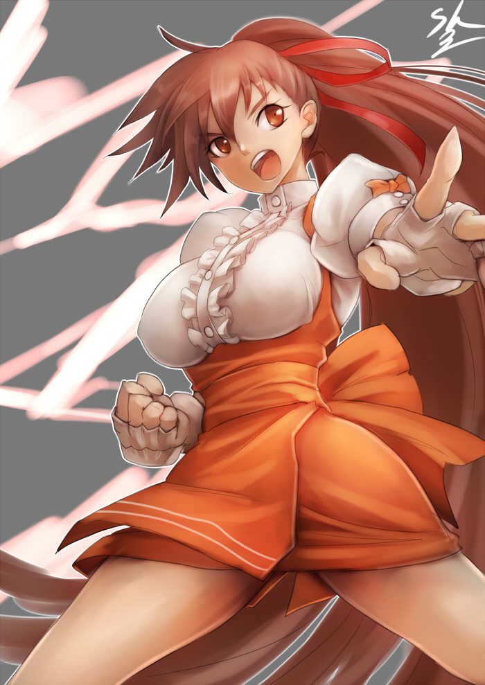 1girl, anna_miller, breasts, brown_eyes, brown_hair, fighting_stance, fingerless_gloves, gloves