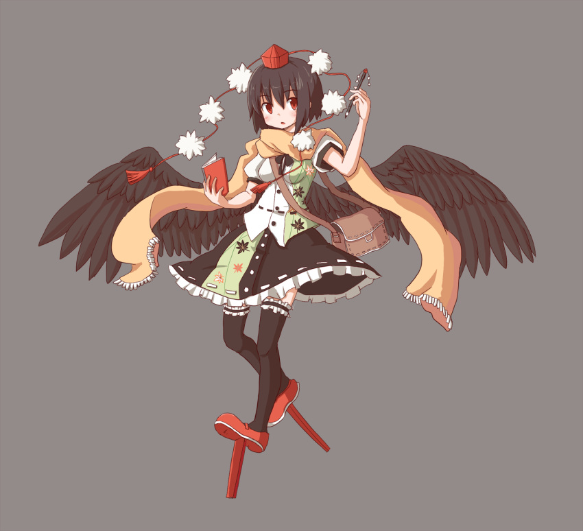 1girl, black_hair, black_legwear, black_wings, feathered_wings, hat, highres, holding