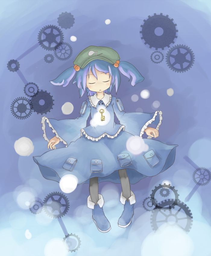1girl, blue_hair, closed_eyes, gears, hair_bobbles, hair_ornament, hat, kaminendo