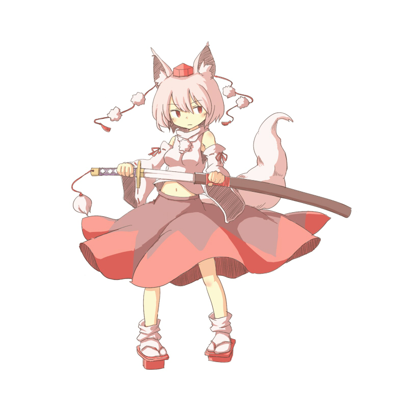 1girl, animal_ears, detached_sleeves, geta, hat, holding, inubashiri_momiji, kaminendo