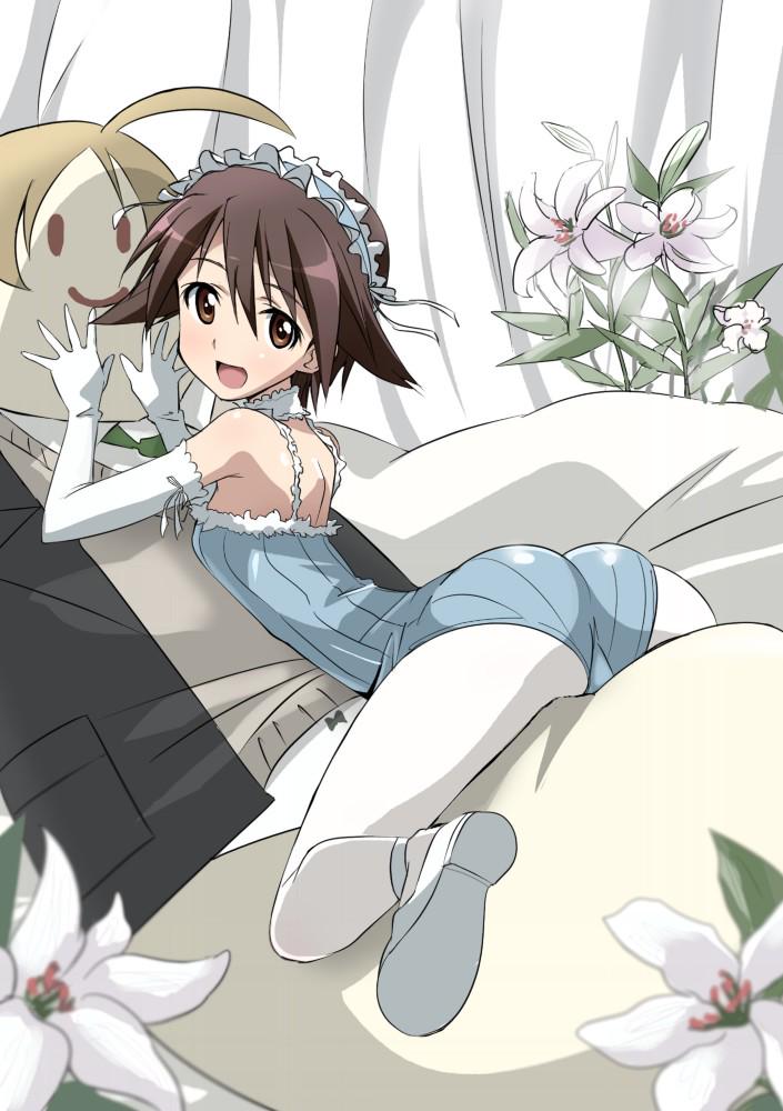 1girl, :d, alternate_costume, arched_back, ass, bare_shoulders, brown_eyes, brown_hair