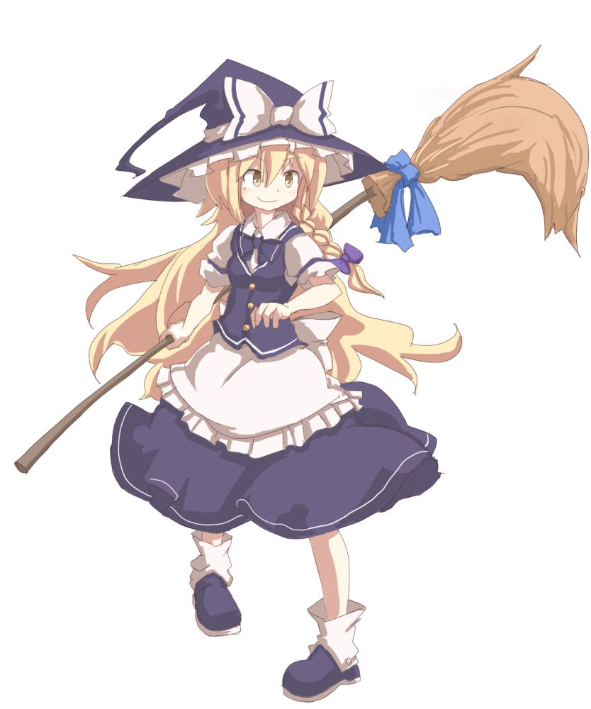 1girl, blonde_hair, bow, braid, broom, hair_bow, hair_ribbon, hat