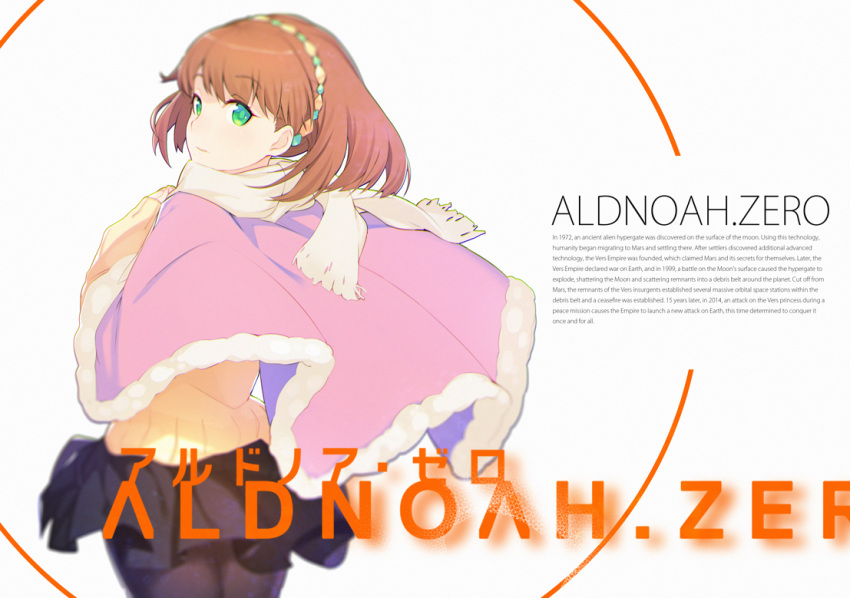 1girl, aldnoah.zero, asseylum_vers_allusia, brown_hair, capelet, copyright_name, green_eyes, hairband