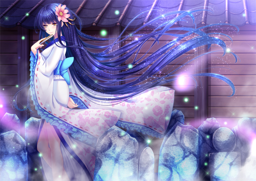1girl, architecture, blue_hair, east_asian_architecture, fan, flower, hair_flower, hair_ornament